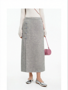 Wool Blend Double-faced Twill Two-color Chinese Style Clasp Midi Skirt