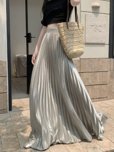 Elegant Long Skirt Womens Gown Beautiful Pleats Half-length Summer New Smooth Silk Face Floor-length A-line Midi Skirt