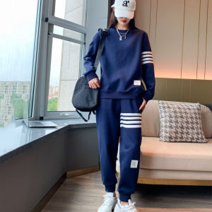 Couples Sportswear Set Womens Spring Autumn round Neck Fleece Lazy Style Four Stripe Suit Cotton Long Sleeve Long Pants