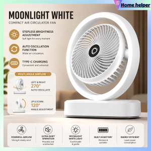 Mini Desk Fan Rechargeable USB Cooling Fan 3 Speed Adjustable Automatic Oscillation Night Light Portable Air Circulator
