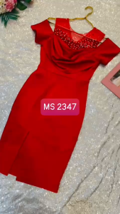 Mydu shop | MS 2347 – Đầm thun dự tiệc vai rớt phối lưới kết xoàn tinh tế