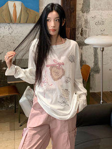 เสื้อยืดแขนยาวพิมพ์ลายสไตล์อเมริกัน ทรงหลวม ทรงบาง แฟชั่นฤดูร้อน ผ้าโพลีเอสเตอร์ คอกลม เสื้อผ้าทำงาน เสื้อผ้าทำงาน