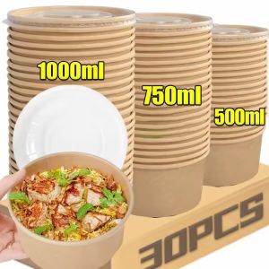 10Pcs Kraft Paper Bowl Round Lunch Box Fruit Salad Bowl Food Container Disposable Meal Prep Bowl Takeaway Bento Box for Party Camping