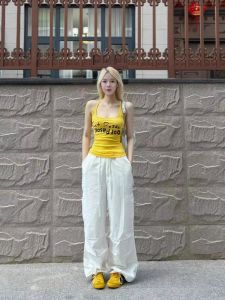 Áo Ba Lỗ Không Tay Phong Cách Mỹ Dành Cho Nữ Mùa Xuân Hè Áo Ba Lỗ Màu Vàng Cạp Cao Cổ Chữ V Dài Thường