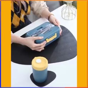 Hộp cơm giữ nhiệt văn phòng 3 ngăn tặng kèm bộ thìa đũa inox chịu nhiệt lò vi sóng