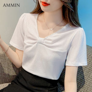 AMMIN เสื้อเบลาส์ผู้หญิงหรูหราสีขาวคอวีแขนสั้นแต่งระบายวินเทจสายโซ่มุกแท้ใหม่ฤดูร้อนเสื้อชีฟอง