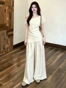 RELNLEX | Bộ Đồ Thời Trang Mùa Hè cho Người Mập Nhẹ Quần Ống Rộng và Áo Thiết Kế Pháp