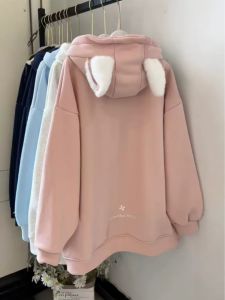 Áo Nỉ Dày Có Mũ Trùm Đầu Cho Nữ Dáng Rộng Thoải Mái Phong Cách Hàn Quốc Áo Khoác Ngoài Thường Ngày Mùa Thu Đông Màu Trơn