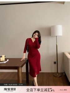 ML Jasmine plus Size Knitted Midi Dress V-Neck Slimming A-Line Skirt Wine Red Color Autumn New Style for Plump Women