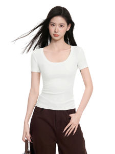 เสื้อยืดคอกลมแขนสั้นทรงสลิมฟิตสำหรับผู้หญิงในฤดูร้อน เสื้อชั้นในคอวีสีน้ำเงิน ทรงสลิมฟิต แขนสั้น เสื้อผ้าทำงานสไตล์ลำลอง