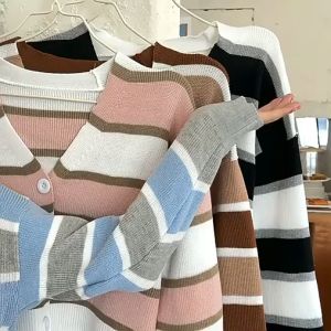 Korean Style Knitted Cardigan Top Striped Short Sweater Coat Womens Spring And Autumn Gentle Style