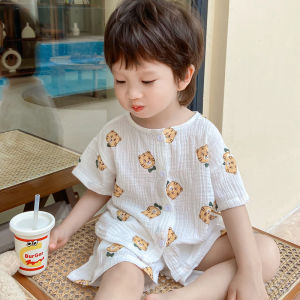 Bộ Đồ Ngủ Cotton Pha Sợi Ngắn Tay Mùa Hè Cho Trẻ Em Phong Cách Hàn Quốc Đồ Ngủ Cotton Nguyên Chất Mỏng Thoáng Khí Hoạt Hình