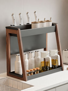 Walnut Kitchen Countertop Multi-Functional Multi-Layer Spice Rack Storage Holder for Home Use Metal And Solid Wood Material