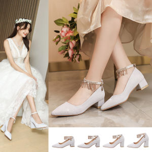 รองเท้าแต่งงานสีเงินสำหรับผู้หญิง รองเท้าแตะส้นเตี้ย รองเท้าแตะส้นสูง รองเท้าแตะแบบสวม สไตล์หวาน พื้นรองเท้าวัสดุ PU