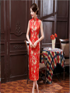 Young Style Sleeveless Waterdrop Collar Qipao Dress Red Welcome Ceremony Award Show Vintage Long Qipao Gown Polyester Fiber