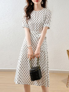 Elegant Slimming Polka Dot Silk Dress Womens A-Line Skirt High Waist Shawl Tie Short Sleeve Long Dress Spring Summer Fashion