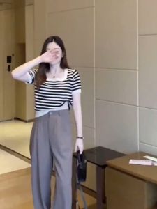 Striped Knitted Blouse Plus Size Womens Summer Ice Silk All-match Square Neck Short-sleeved T-shirt