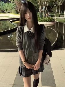 [Two-piece Set Pack] JK Uniform Preppy Style Gray Suit Knitting Cardigan Sweet Cool Retro Sweater Coat Shirt