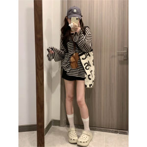 Summer New Style Womens Striped Loose Long Sleeve T-shirt Korean Version Comfortable Inner Wear Casual Lazy Style Top