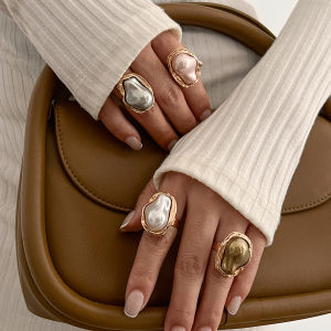 Salircon Korean Fashion Elegant Baroque Imitation Pearl Ring Women Luxury Aesthetic Party Wedding Open Adjustable Rings Jewelry