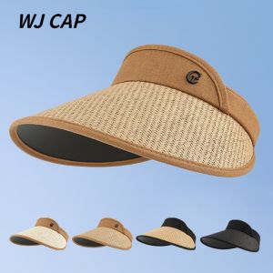 【WJ】Hollow top sunscreen hat black rubber large brim straw woven sunshade hat female UV resistant sun hat beach outing hair hoop straw hat
