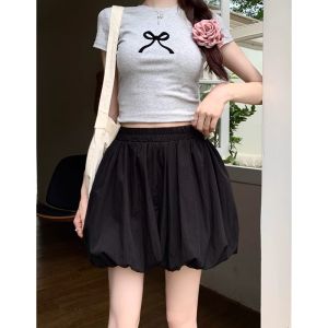 White Puffy Flower Bud Skirt Womens Ballet Style High Waist Slim A-Line Mini Skirt Summer New Design Commute Vintage