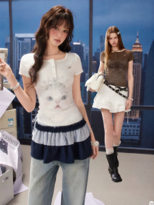 Unifree | Henry Neck Printed Cat T-Shirt Round Neck Slim Fitting