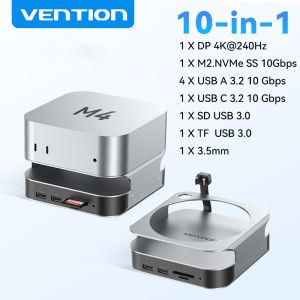 Vention | Vention USB HUB Docking Station for Mac Mini M4 M4Pro DP 4K 240Hz USB 3.2 10Gbps M.2 NVMe SSD SD&TF 3.0 3.5mm Adapter USB Dock