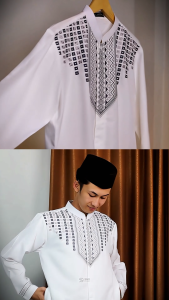 S&D PROJECT Baju Koko Muslim Seri 09 Bahan Polikatun Warna Putih Tulang Jumbo M-4XL Untuk Pria Dewasa Lengan Panjang Motif Bordir