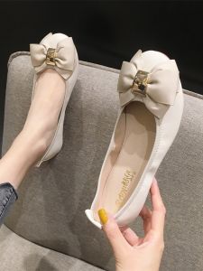 Beige Ladies Bean Shoes Flat Bottom Soft Sole Spring Summer Butterfly Knot round Head Slip-On Fashionable Casual Footwear