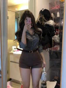 Spring New Style Womens Polo Collar Long Sleeve Shirt High Waist Slim Short Pants Two-Piece Set Pure Desire Fashion