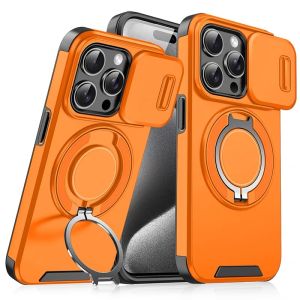 HEXDRAGON Shockproof Sliding Closure Camera Lens Cap Cover With Magnetic Metal Ring Kickstand Phone Case for iPhone 16 15 13 14 11 12 Pro Max Rugged Protection Magsafe Casing