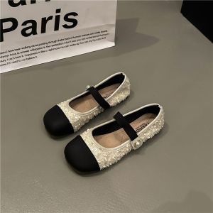 Wide Foot Womens Shoes Size 41 to 43 Mary Janes Flat Bottom Spring New Style French Style Casual round Toe Rubber Sole