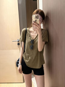 YUANYA | Olive Green Flattering V-Neck Rolled Sleeve Casual Loose T-Shirt