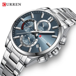 CURREN Mens Stainless Steel Chronograph Watches with Luminous HandsTriple Sub-Dials Auto Date Fashion Design Quartz Wristwatch