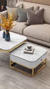Bàn trà đôi Sofa phòng khách mặt đá vuông có ngăn tủ chân kim loại 1 nan sơn tĩnh điện sang trọng hiện đại
