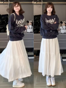 White Cake Skirt A-Line Midi Half Skirt Womens Fashion High Waist Polyester Fiber Korean Style Commute Pure Color Spring 2025