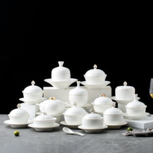 Gold Rimmed Bone China Soup Bowl with Lid for Hotel Restaurant Club Sweet Soup Bowl Buddhist Leap Wall Dining Utensils