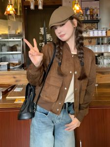 2025 New Baseball Jersey Jacket Short Lazy Style American Fashion Womens Spring Outerwear V-neck Single-button Closure Solid Color