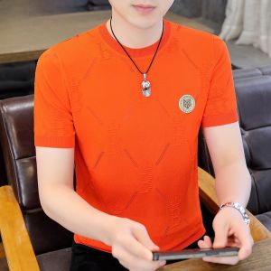 HENGYUANXIANG | High-End Ice Silk Knitted Short Sleeve Round Neck Mens T-Shirt Summer Cool Feeling Lightweight Modern Style Standard Fit Youth Fashion