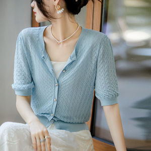 Summer New Thin Ice Silk Short Sleeve Knitted Open Cardigan Womens Two-Sided Wear Air Conditioner Shirt with Skirt Top Short Loose Outerwear