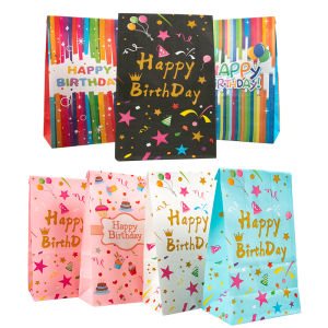 10Pcs Happy Birthday Printed Kraft Paper Gift Bags Candy Cookies Packaging Boxes Kids Birthday Party Decorations Gifts Supplies