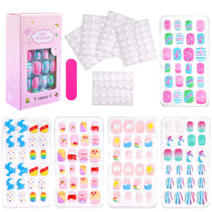 120pcs Christmas Children Fake Nails+File Stripe&Jelly Sticker Santa ClausSnowmanSnowflakes Round Press On Nails Xmas Kid Gift