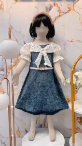 DRESS JEANS KIARA PITA MIX BRUKAT ANAK PEREMPUAN USIA 3 - 10 TAHUN / BAJU DRESS DENIM LENGAN PENDEK FREE BELT