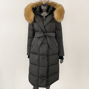Down Jacket Women Winter Real Natural Fox Fur Hooded Detachable Collar Belt White Goose Down Coat Long Casual Elegant Overwears