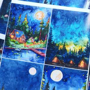 Cute Homemade A4 Japanese Paper Landscape Material Camping Night View Forest Kitchen Watercolor Scene Journal Tape Stickers