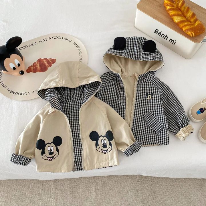 Chuột Mickey Tập Đi Trẻ Em 2 Mặt Có Mũ Kẻ Sọc Mùa Xuân, Mùa Thu Unisex Bé Trai Bé Gái Áo Khoác Ngoài Dây Kéo Đóng Cửa