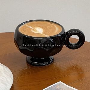 Black Coffee Cup with Handle Donut Design Handmade Irregular Latte Art Cup High Footed Mugs Ceramic Universal 300ml Capacity