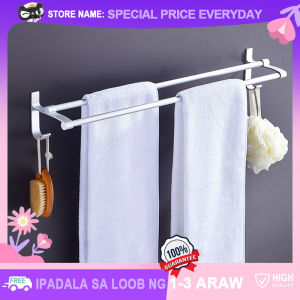 No Drilling Dual Towel Racks Punch-free Space Aluminum Alloy Towel Bar with Hooks Shower Room Rod Holder Self Adhesive Wall Mounted Installation Kitchen Bath Washingroom Hanging Storage Accessories