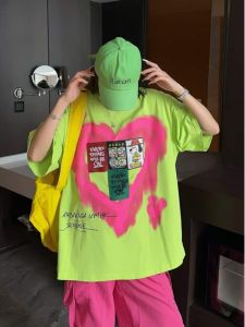 Oversize Short Sleeve T-Shirt Womens Loose Mid-Length round Neck Half Sleeve Top Colorful Heart Print Sweet Cool Style Spring